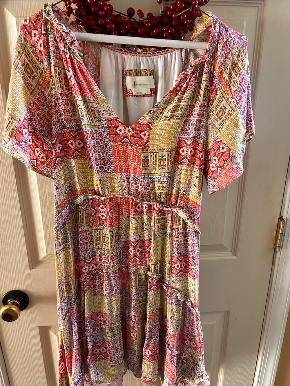 Anthropologie Coral and Yellow Patchwork Midi Dress